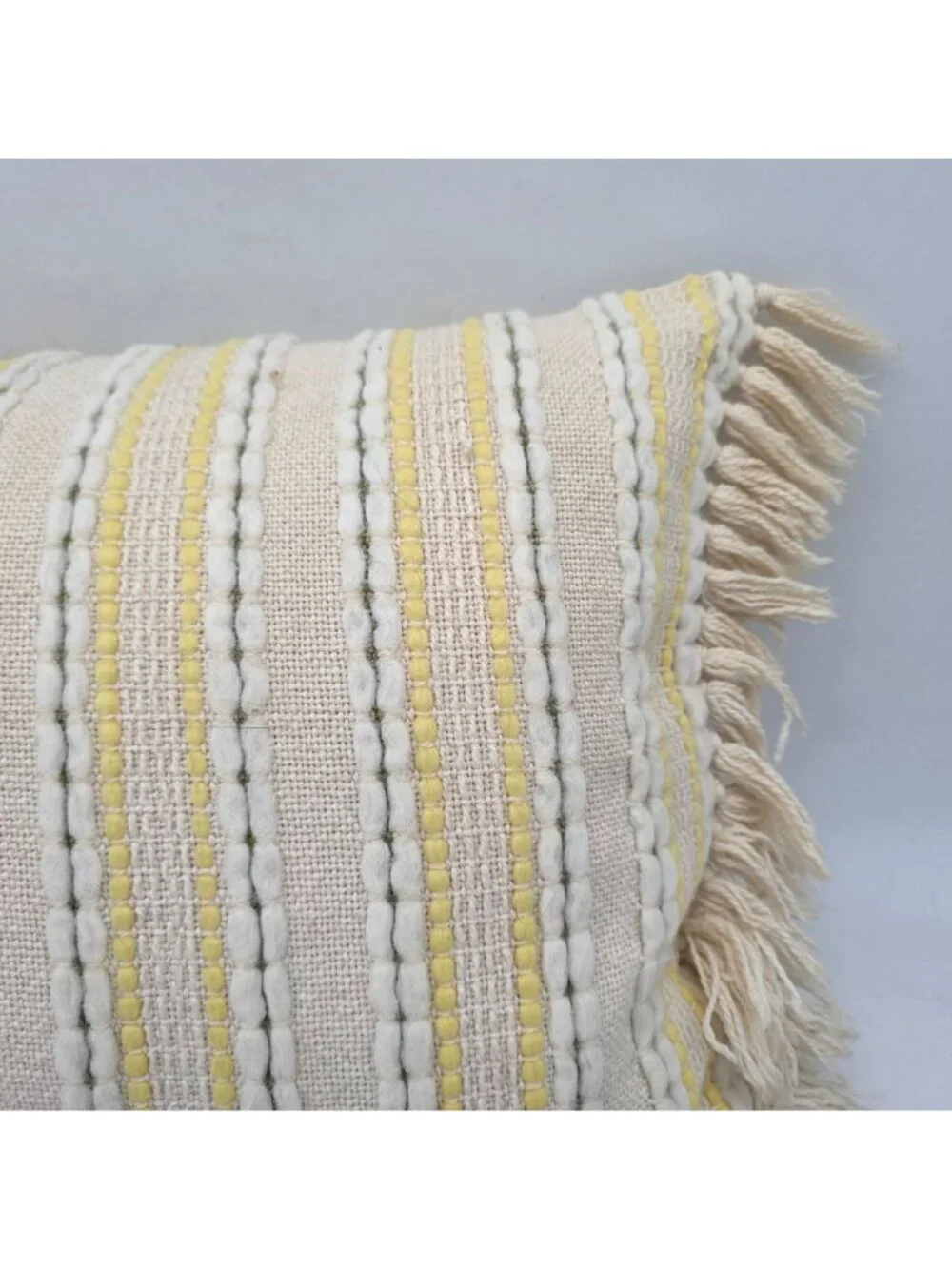 MCM Yellow & Cream Striped Woven Throw Pillow Fringe Accents 20